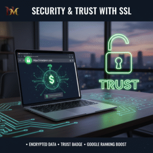 Image advertising SSL Certificate services for encrypted data, a trust badge, and a Google ranking boost for the website.