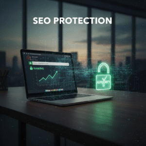 Animated graphic promoting SEO Protection, showing a secure ranking chart on a laptop screen and a padlock labeled AUTHORITY.