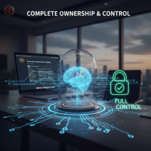Animated graphic symbolizing complete ownership and full control, featuring a glowing brain under a dome and a padlock labeled FULL CONTROL.