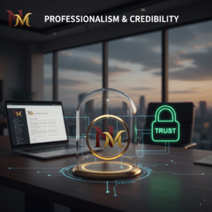 Image promoting trust and security in digital marketing services, featuring the Niranjanm logo and a laptop on an office desk.