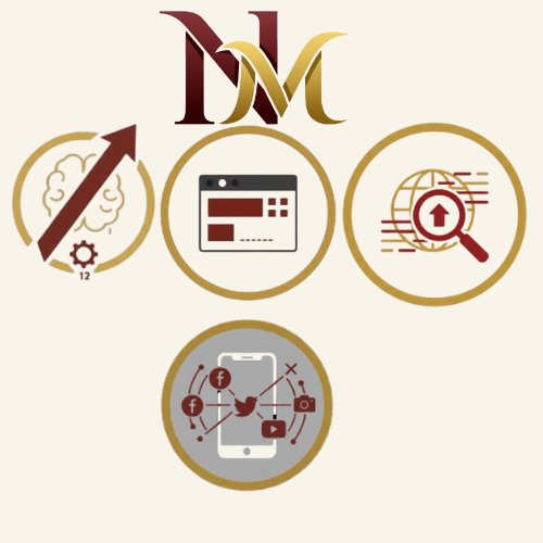 Niranjanm.com brand overview graphic with NM logo and four service icons: Strategy (brain/arrow), Website Design, SEO (magnifying glass/globe), and Social Media Marketing (smartphone).
