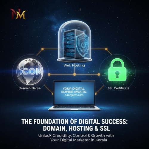 Graphic for digital marketer in Kerala advertising domain name registration, secure web hosting, and SSL certificate services.